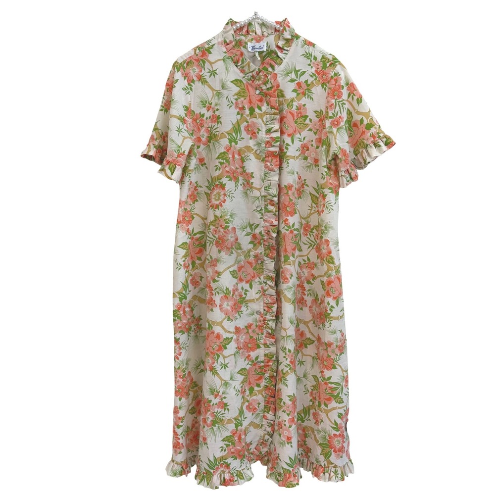 Vintage 70s Tommies Floral Ruffle House Dress Duster Loungewear Snap Nightgown L